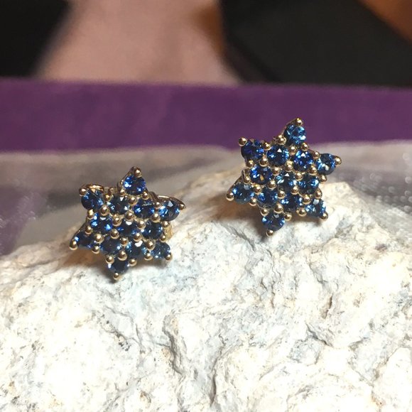 Natural Sapphire Earrings Star Of David 9K Yellow Gold Studs Australian Gems - Picture 10 of 15